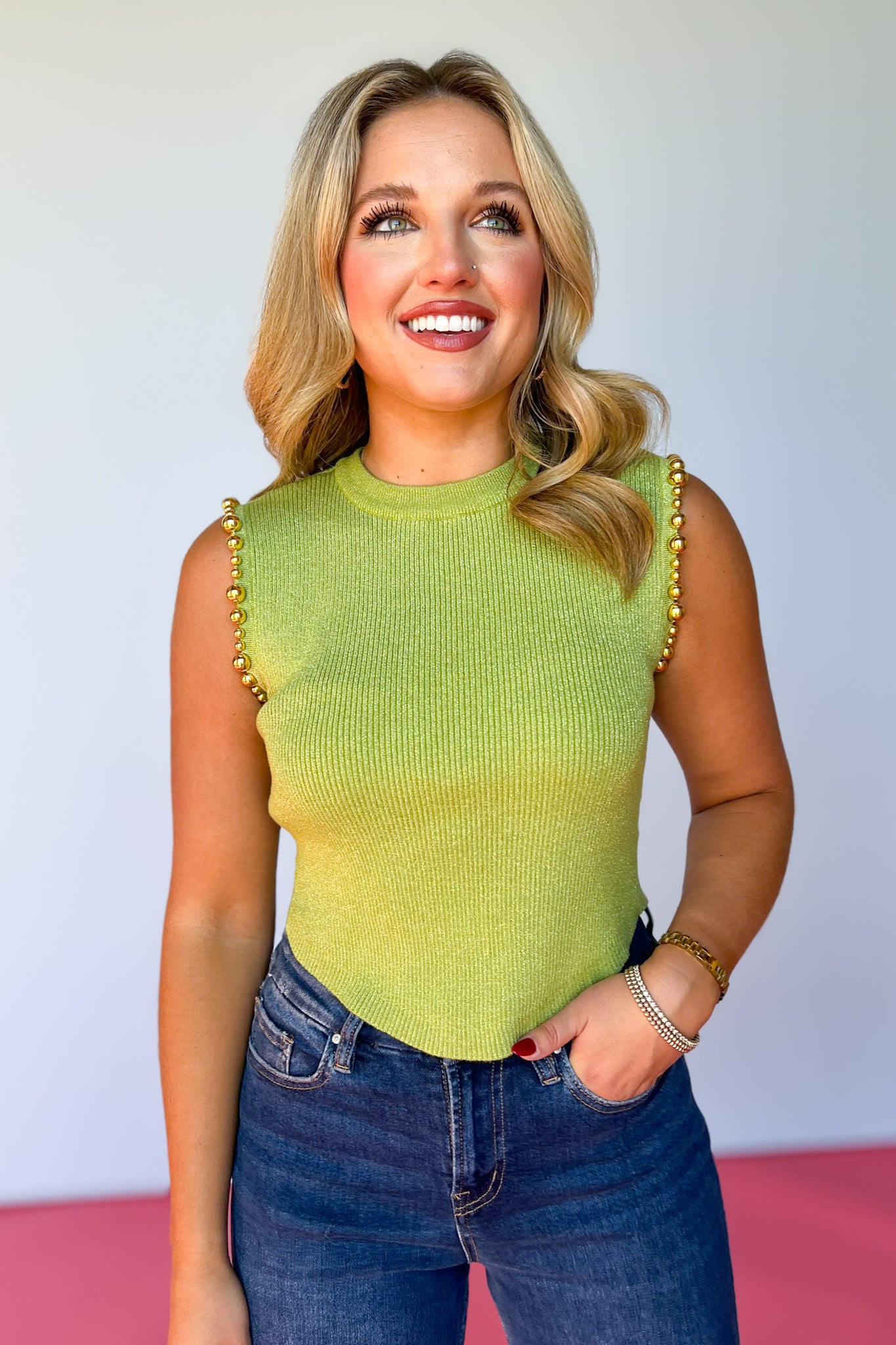 Lime Ribbed Gold Hardware Detail Sleeveless Sweater Top *FINAL SALE*