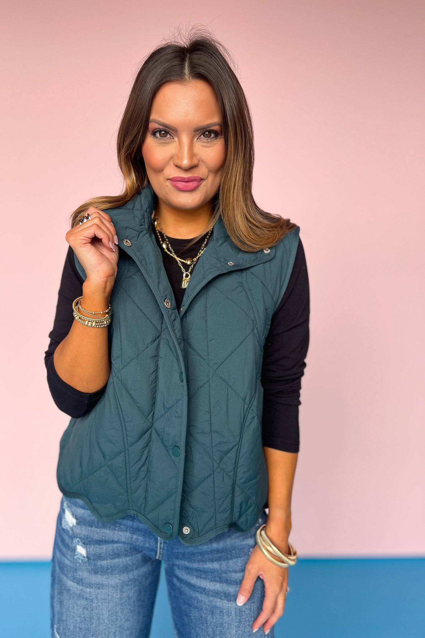 Teal Quilted Scallop Hem Vest, button detail, layering piece, quilted design, ssys by mallory fitzsimmons