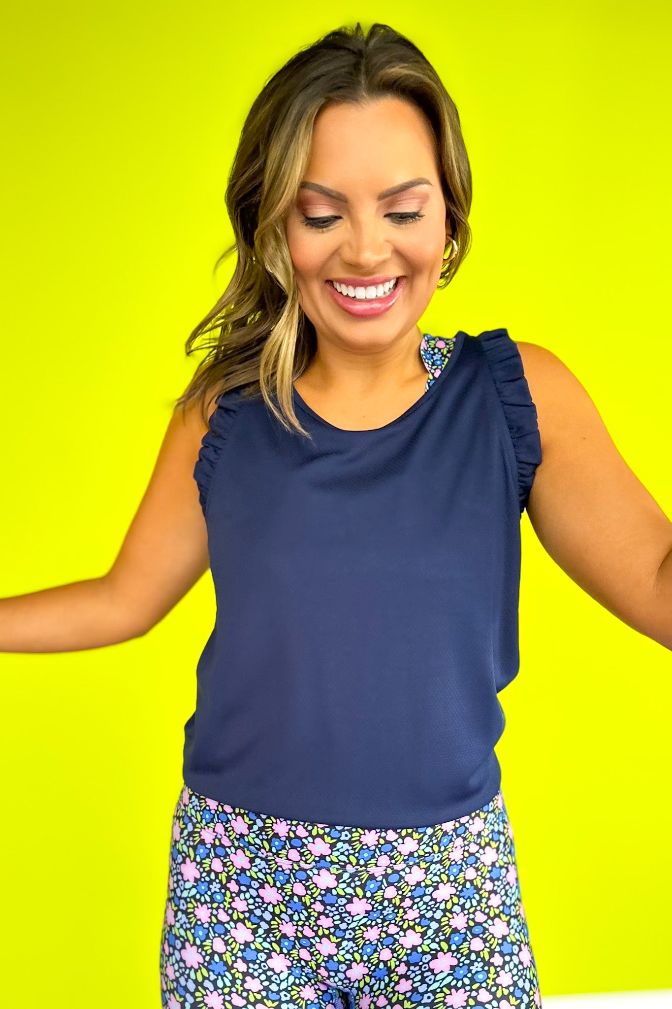 SSYS Navy Ruffle Racerback Honeycomb Active Tank Top