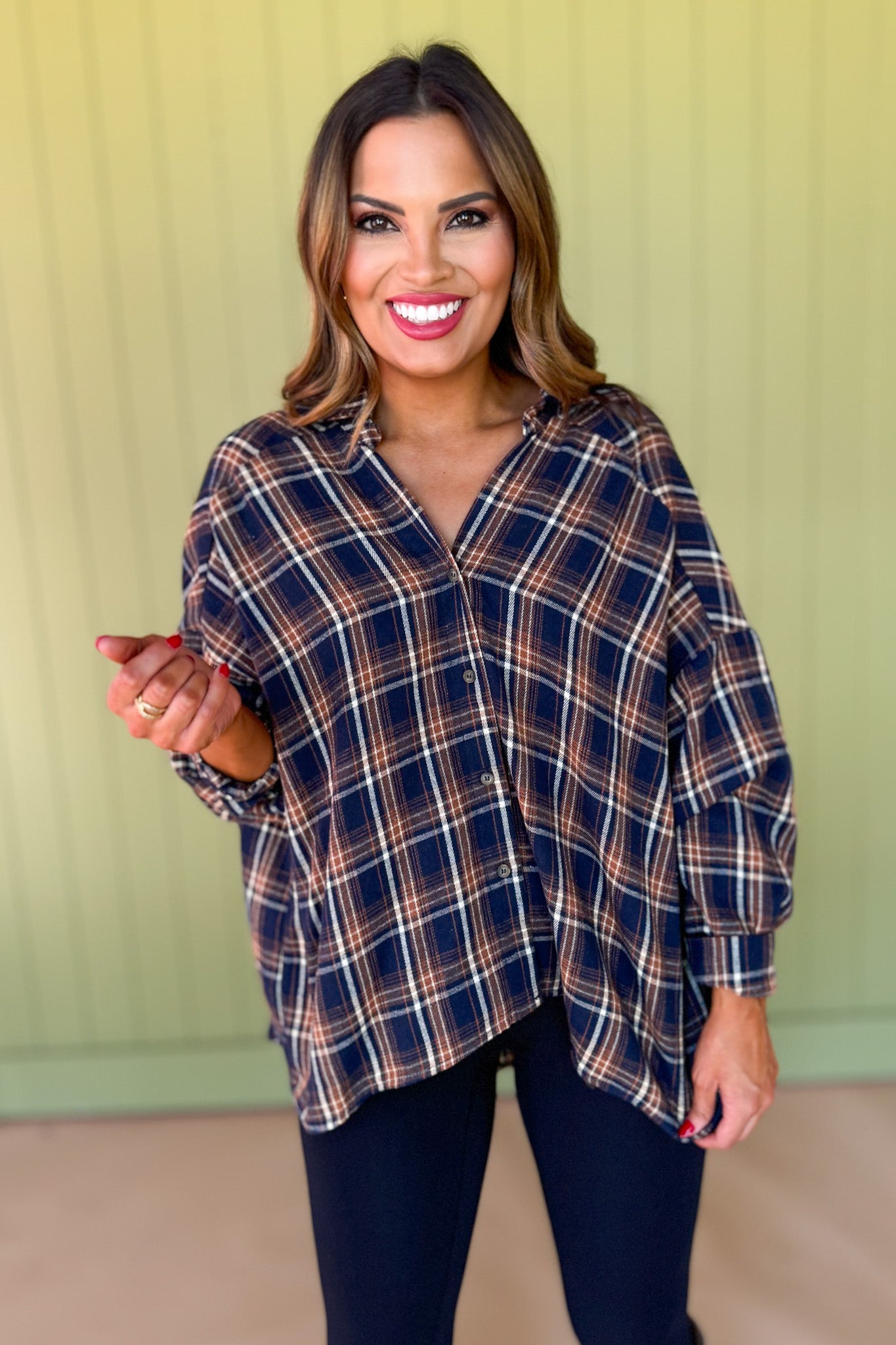 Navy Plaid Collared Button Up Long Sleeve Top