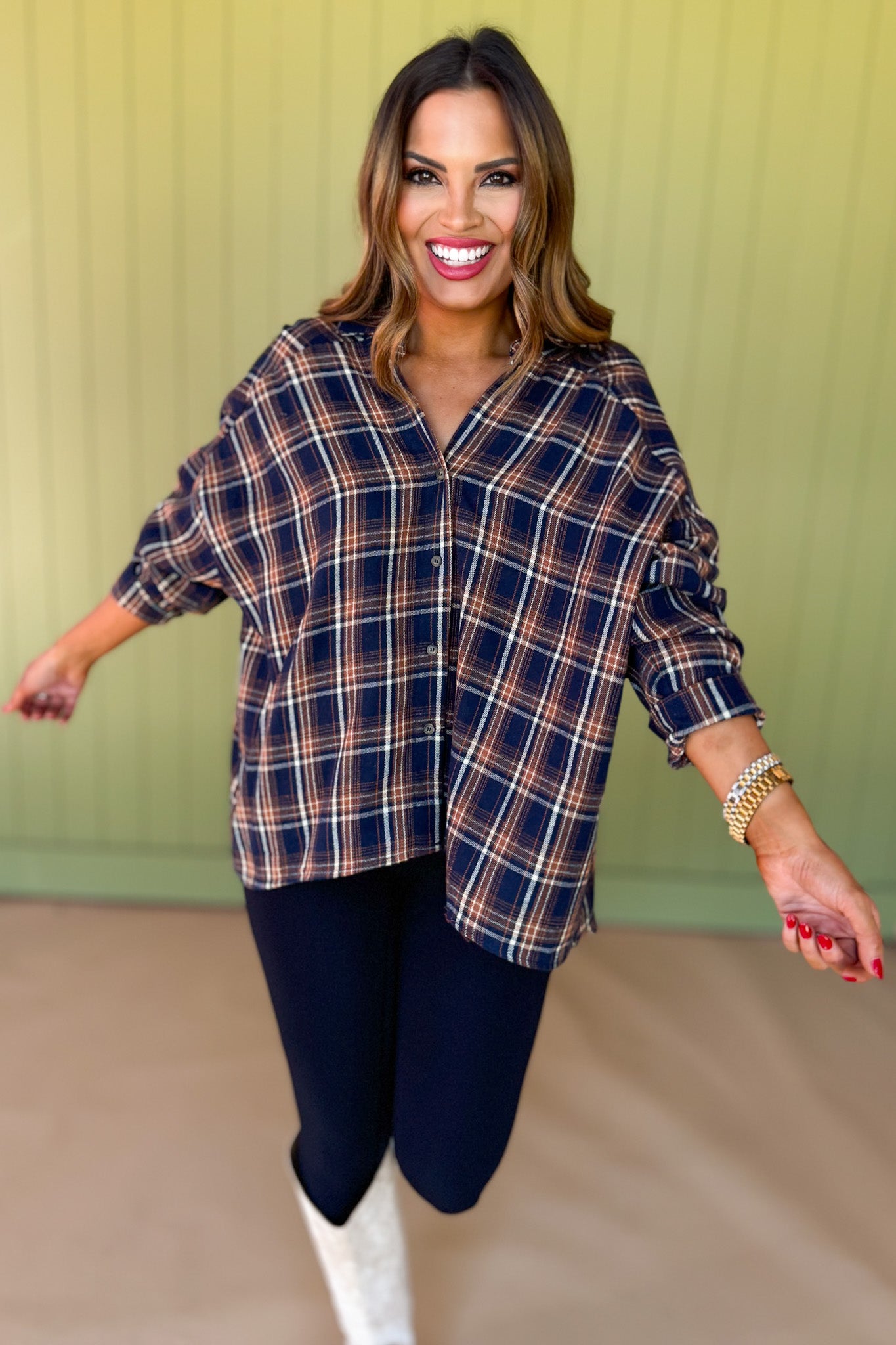 Navy Plaid Collared Button Up Long Sleeve Top