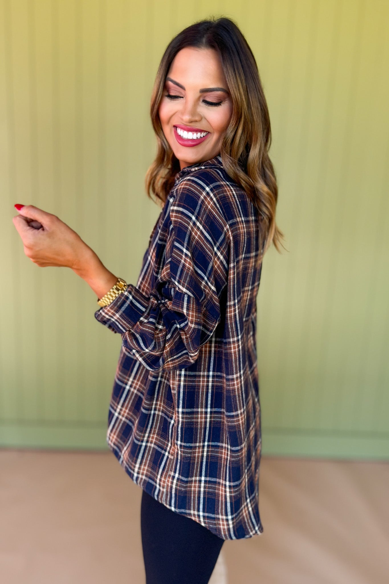 Navy Plaid Collared Button Up Long Sleeve Top