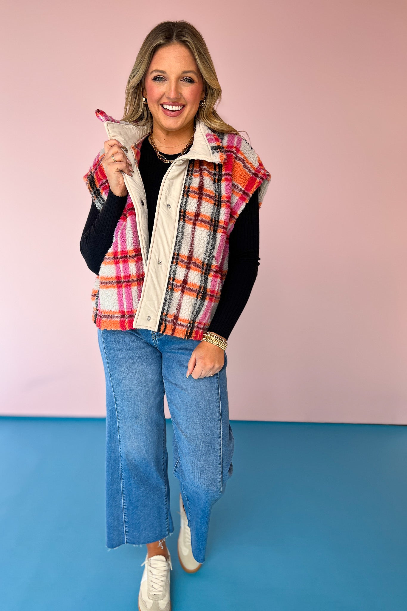 Cream Sherpa Multi Plaid High Neck Snap Button Front Vest, button detail, layering piece, pink, orange, black, plaid design, versatile, ssys by mallory fitzsimmons