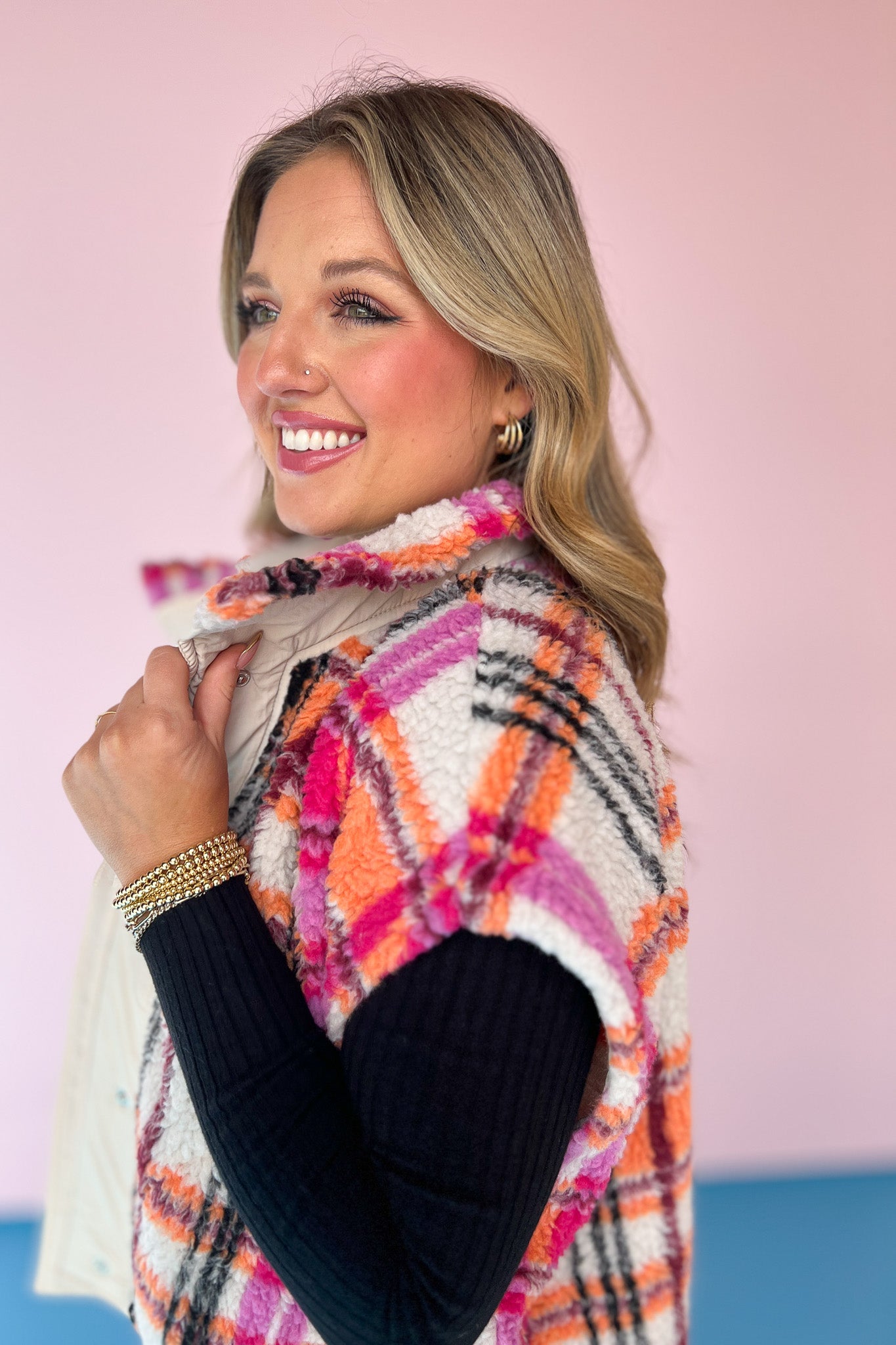 Cream Sherpa Multi Plaid High Neck Snap Button Front Vest, button detail, layering piece, pink, orange, black, plaid design, versatile, ssys by mallory fitzsimmons