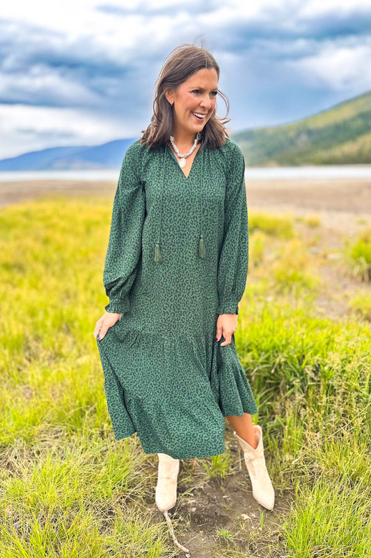 SSYS Rowan Long Sleeve Maxi Dress In Green Animal
