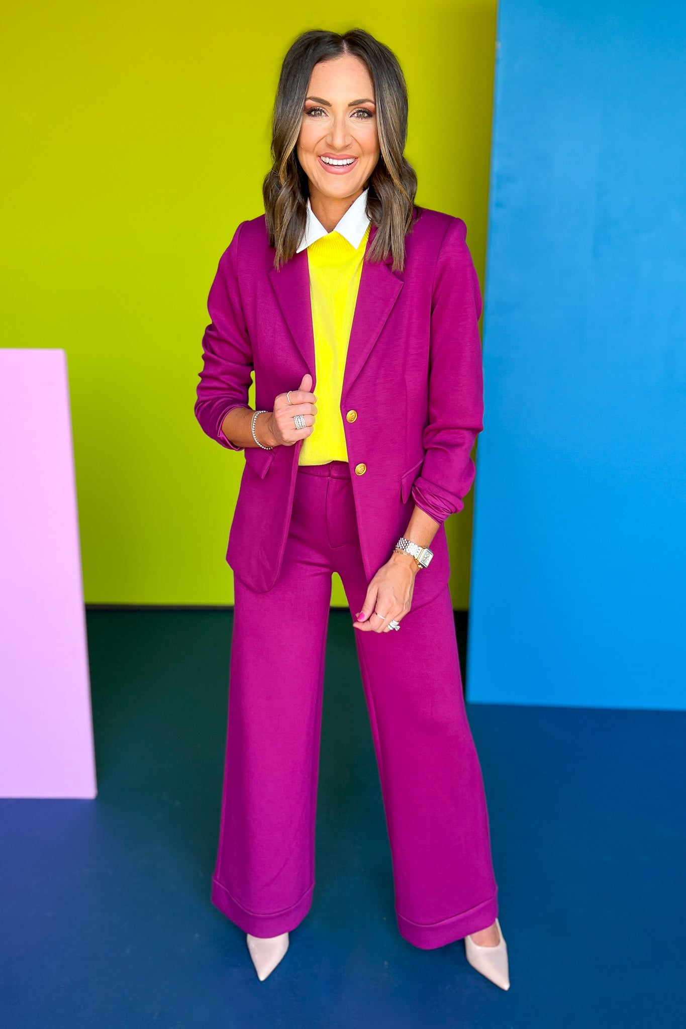  SSYS The Mackenzie Air Blazer In Magenta, ssys fall collection, ssys fall, fall style, fall outfit, must have fall, elevated fall, mom style, office style, office outfit, fall blazer, elevated blazer, ssys blazer, ssys by mallory fitzsimmons