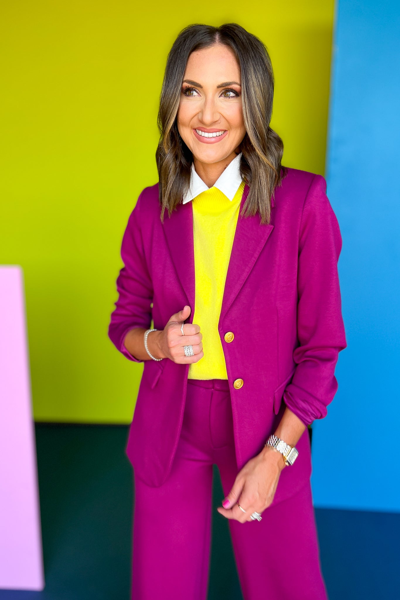  SSYS The Mackenzie Air Blazer In Magenta, ssys fall collection, ssys fall, fall style, fall outfit, must have fall, elevated fall, mom style, office style, office outfit, fall blazer, elevated blazer, ssys blazer, ssys by mallory fitzsimmons