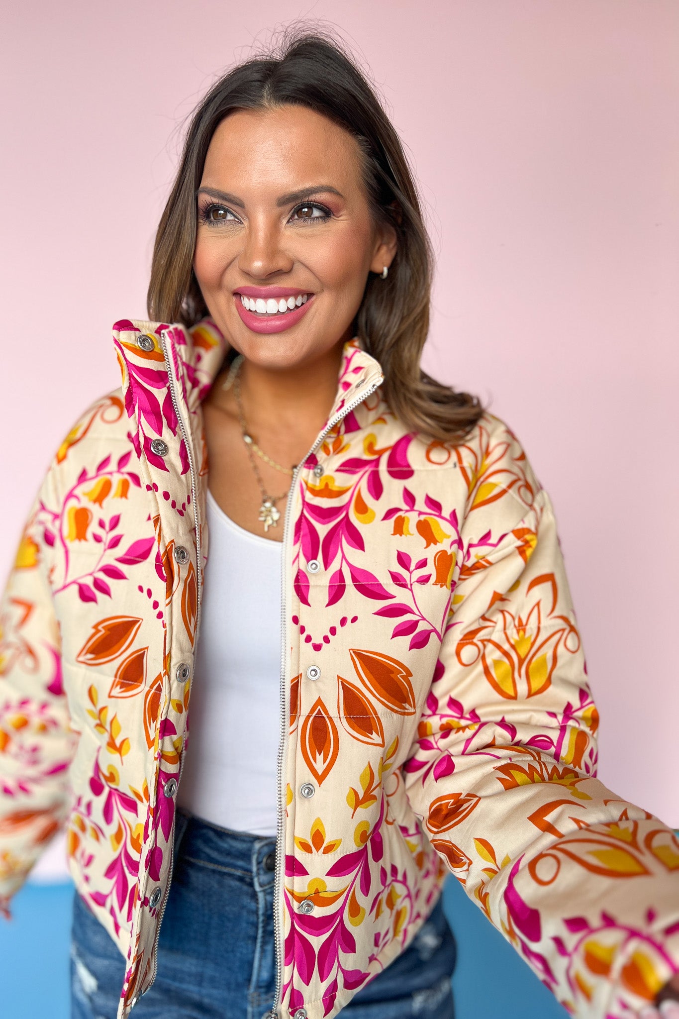 Ivory Printed Mock Neck Button Front Puff Jacket, pink, orange, yellow, leaf design, outerwear, warm, comfy, layering piece, ssys by mallory fitzsimmons