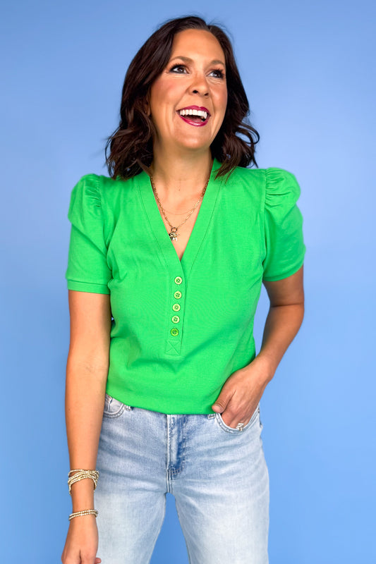 SSYS Cece Knit Puff Short Sleeve Top In Green, cece fabric, button details, v-neck, everyday wear, comfortable, easy, versatile, exclusive design, ssys by mallory fitzsimmons