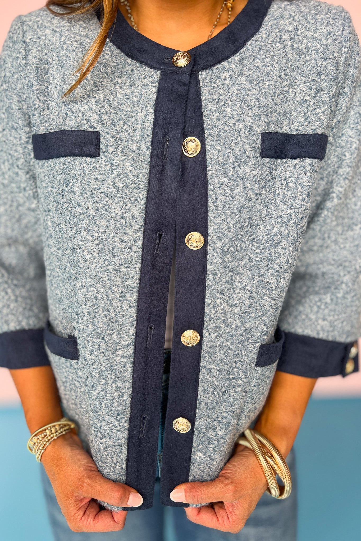 Blue Wool Textured Pocket Accent Button Jacket, button detail, pockets, sophisticated, warm, layering piece, unique, ssys by mallory fitzsimmons