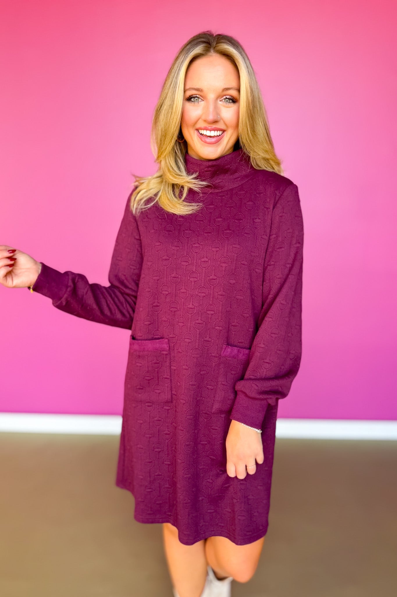 SSYS Tillson Horsebit Quilted Suede Trim Long Sleeve Dress In Maroon