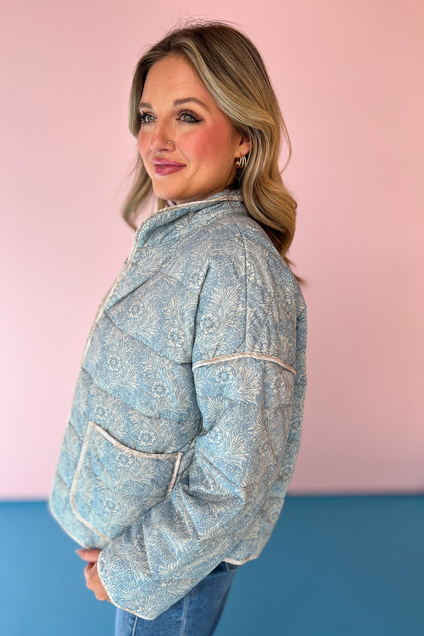 Blue Print Quilted Contrast Piping Drop Shoulder Jacket, pocket detail, floral design, comfy, warm, layering top, outerwear, ssys by mallory fitzsimmons