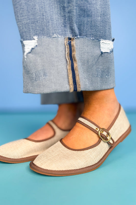 Beige Cotton Mary Jane Ballet Flats