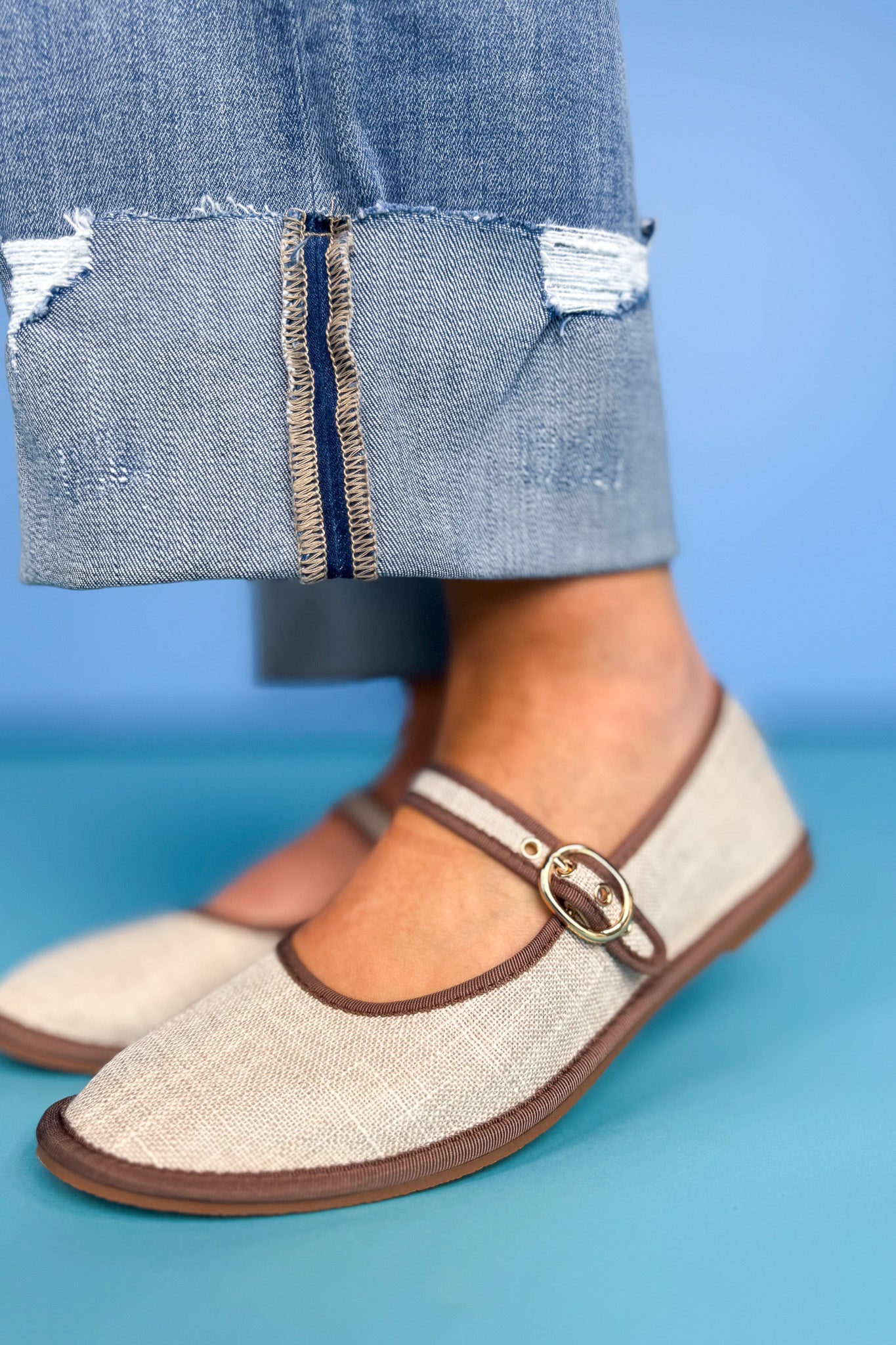 Beige Cotton Mary Jane Ballet Flats