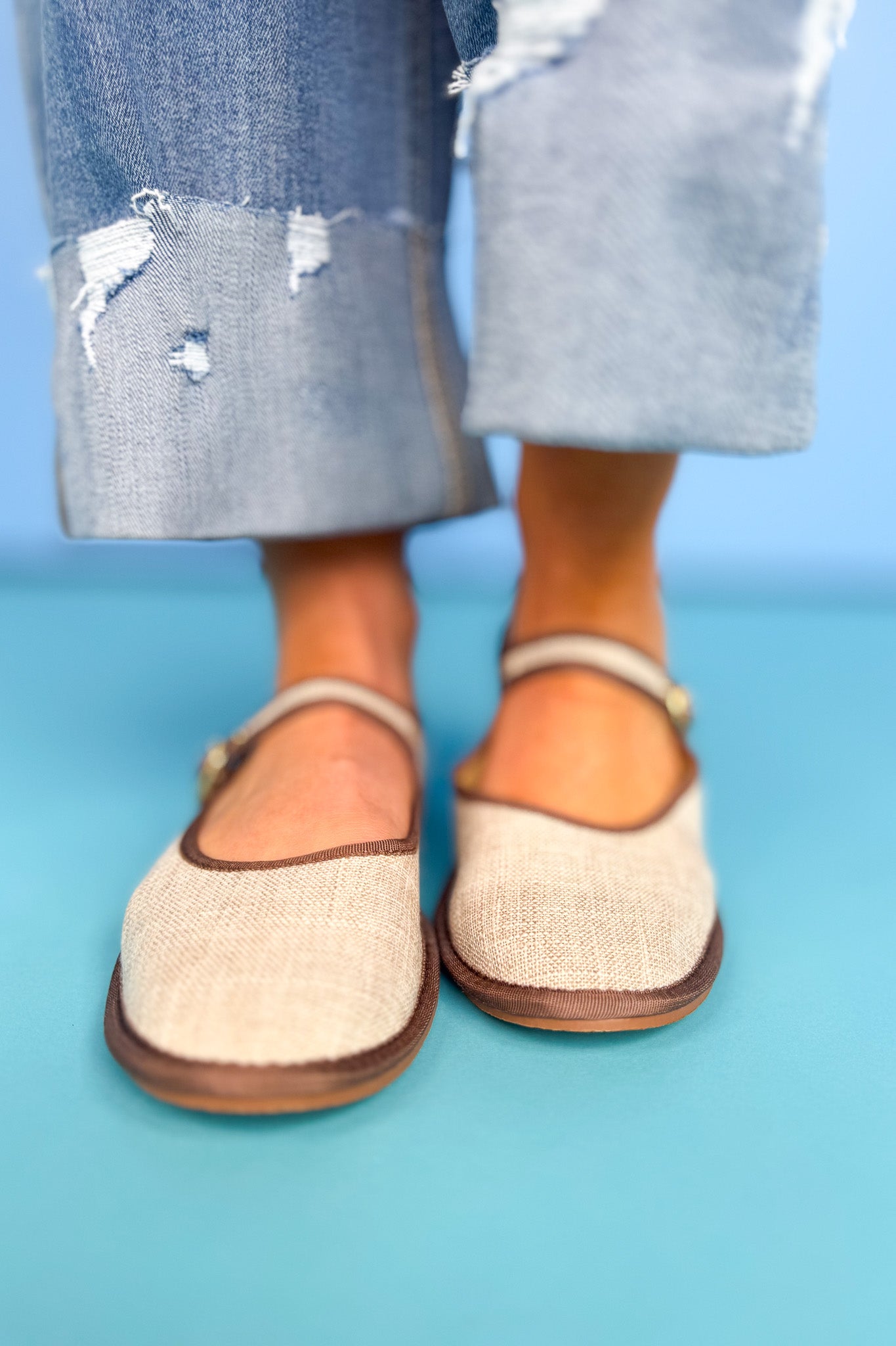 Beige Cotton Mary Jane Ballet Flats