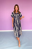 Navy Printed Smock Front Yoke Short Puff Sleeve Midi Dress