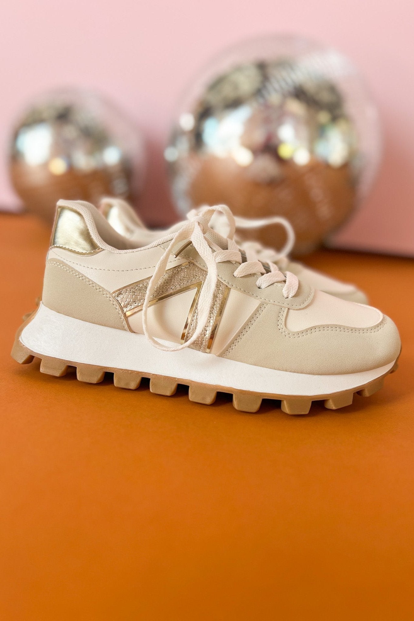 Beige Two Toned Metallic Detail Sneakers