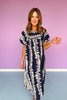 Navy Printed Smock Front Yoke Short Puff Sleeve Midi Dress