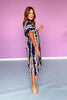 Navy Printed Smock Front Yoke Short Puff Sleeve Midi Dress