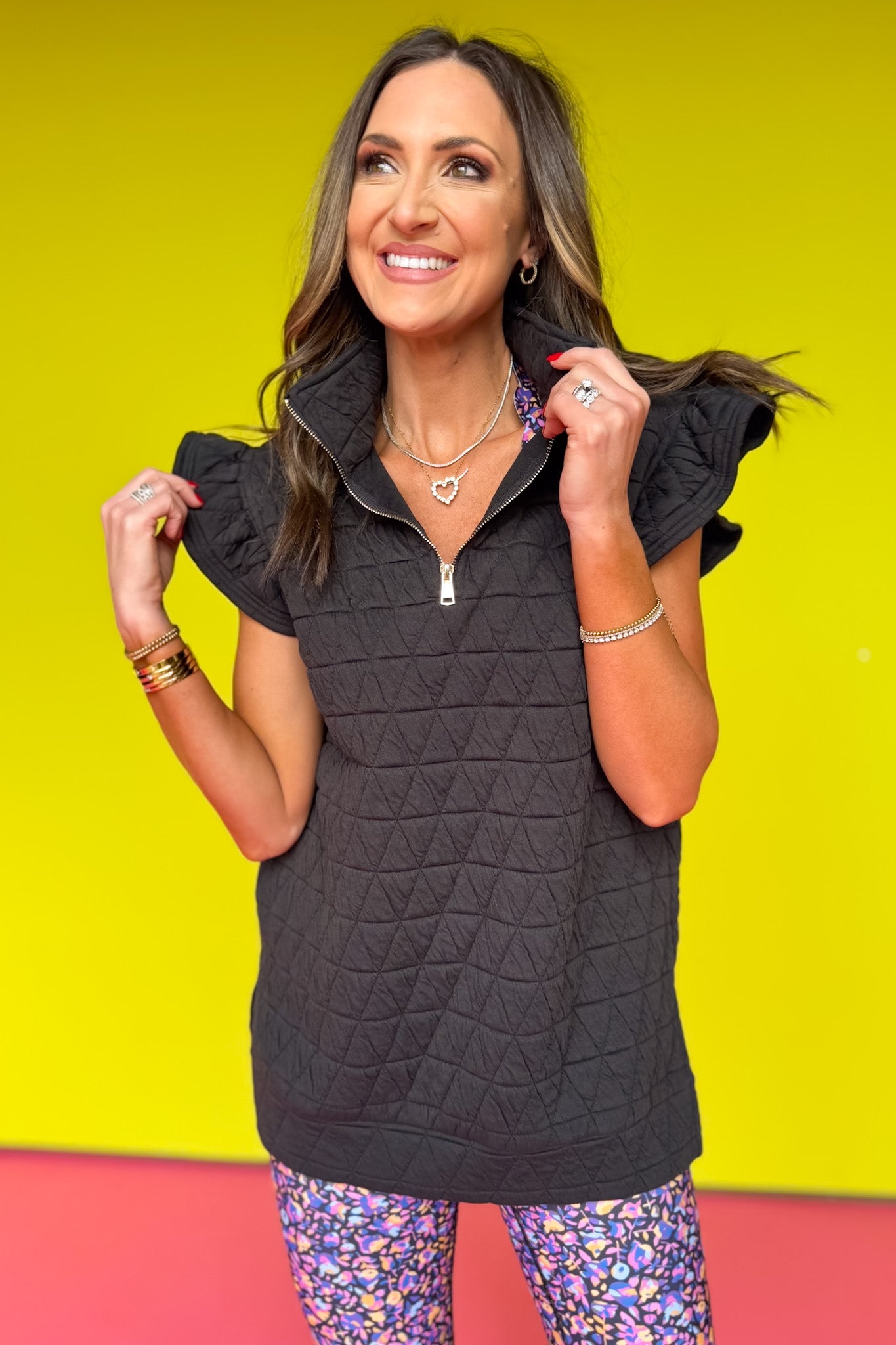 SSYS Black Quilted Ruffle Shoulder Half Zip Pullover