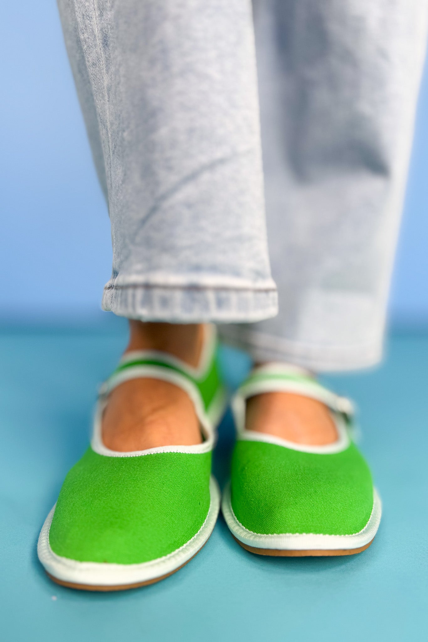 Green Cotton Mary Jane Ballet Flats