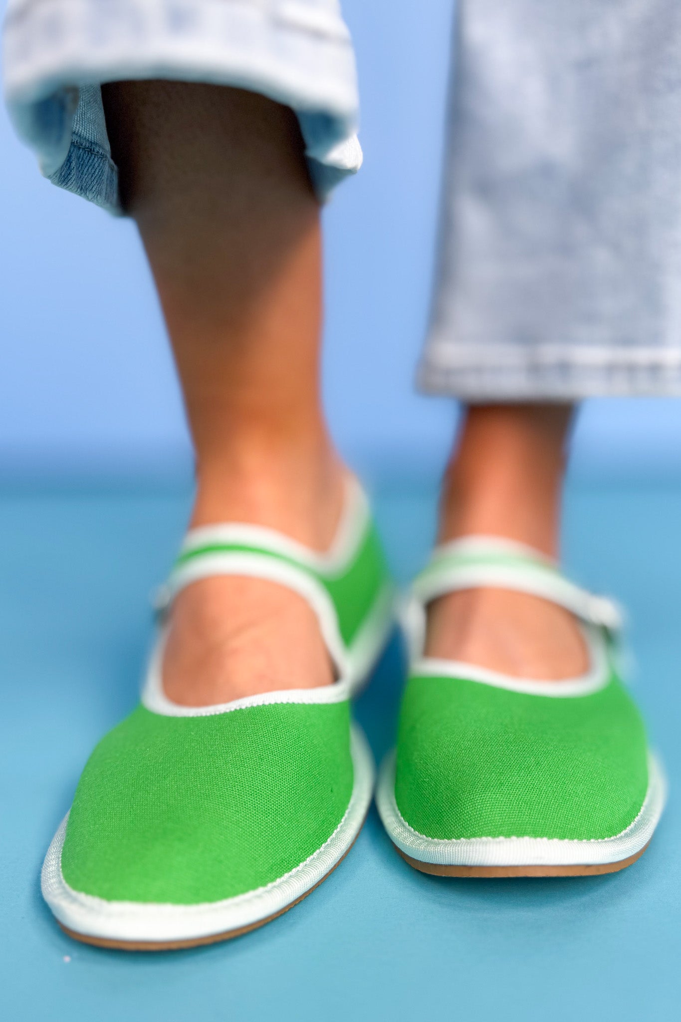 Green Cotton Mary Jane Ballet Flats