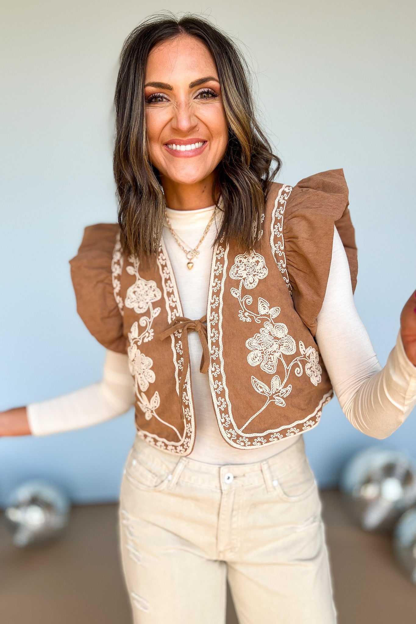 Camel Embroidered Ruffle Sleeve Front Tie Vest, vest, embroidered vest, ruffle vest, fall style, fall fashion, elevated vest, mom style, chic vest, ssys by mallory fitzsimmons