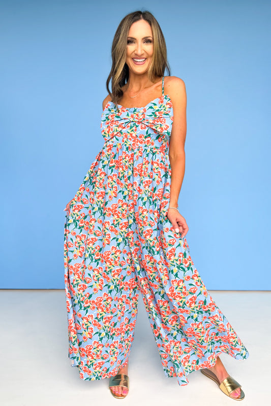 Blue Multi Floral Bow Front Detail Jumpsuit