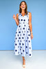 Blue Polka Dot V Neck Sleeveless Bow Shoulder Pleated Midi Dress