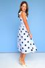 Blue Polka Dot V Neck Sleeveless Bow Shoulder Pleated Midi Dress