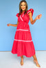 Red Ric Rac Accent Flutter Sleeve Wrap Tiered Midi Dress