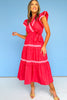 Red Ric Rac Accent Flutter Sleeve Wrap Tiered Midi Dress