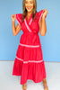 Red Ric Rac Accent Flutter Sleeve Wrap Tiered Midi Dress