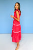 Red Ric Rac Accent Flutter Sleeve Wrap Tiered Midi Dress