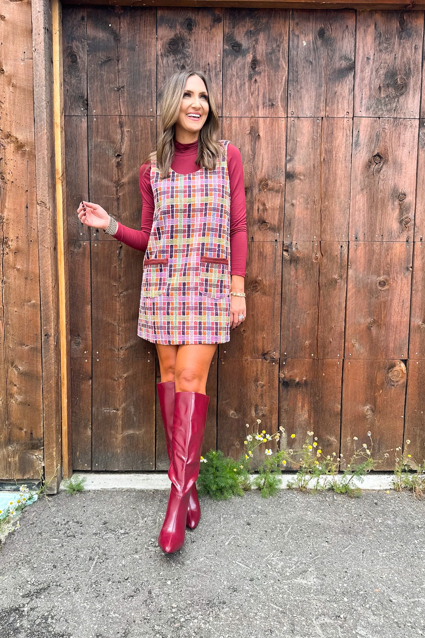 SSYS Anna Kate Tweed Jumper Dress In Maroon Multi