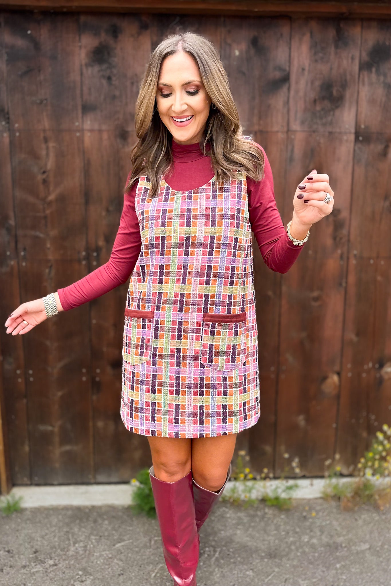 SSYS Anna Kate Tweed Jumper Dress In Maroon Multi SSYS Anna Kate Tweed Jumper Dress In Maroon Multi