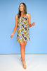 Green Multi Linen Scallop Edge Detail Square Neck Dress