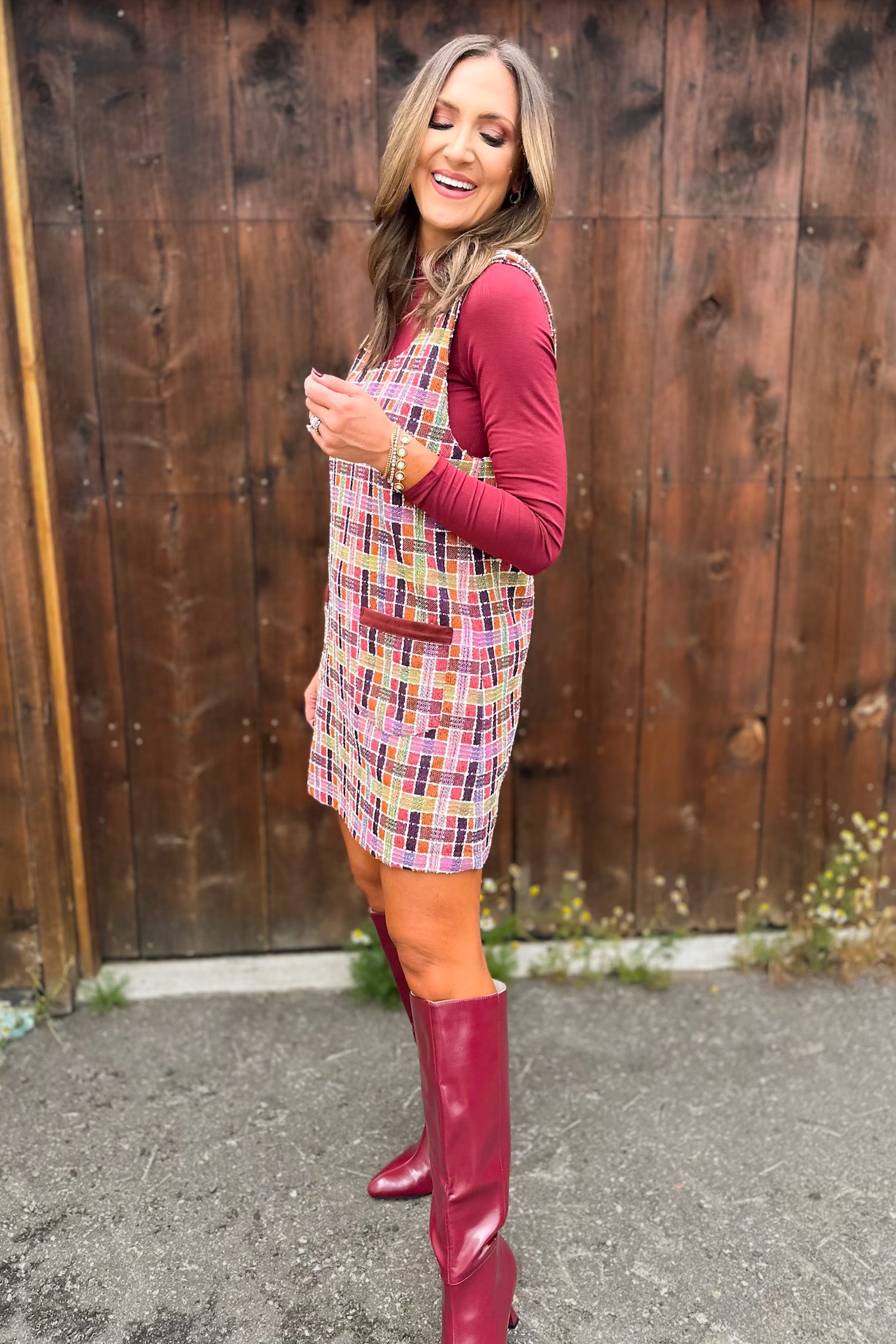 SSYS Anna Kate Tweed Jumper Dress In Maroon Multi