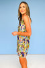 Green Multi Linen Scallop Edge Detail Square Neck Dress