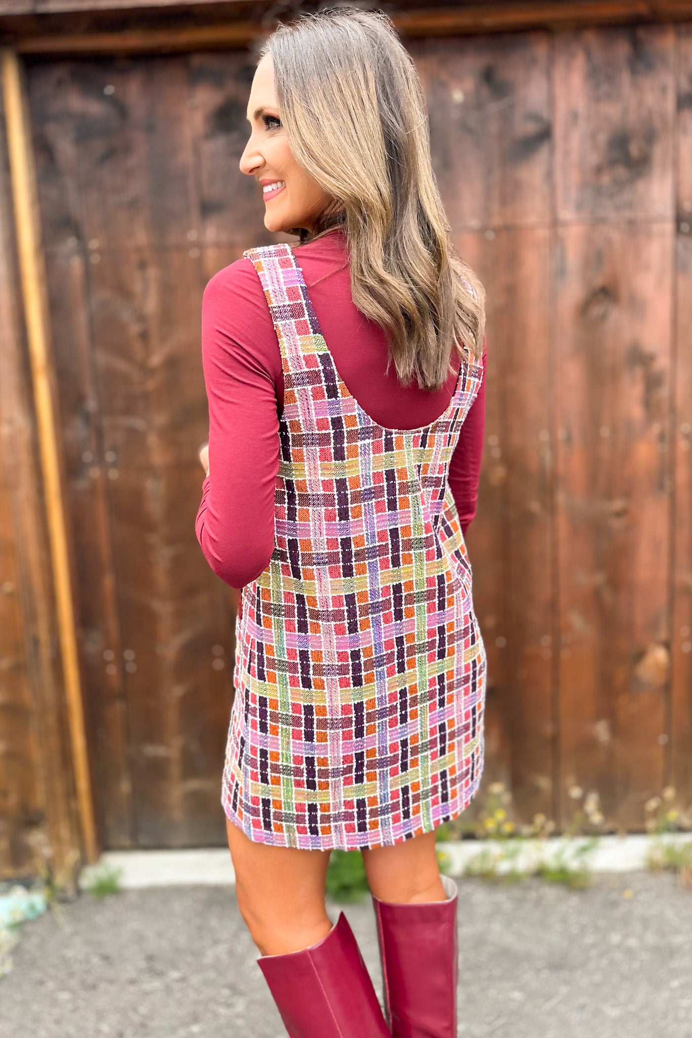 SSYS Anna Kate Tweed Jumper Dress In Maroon Multi