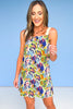 Green Multi Linen Scallop Edge Detail Square Neck Dress