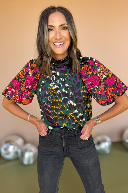 THML Hunter Green Print Mock Frill Neck Embroidered Sleeve Top, thml top, must have top, must have style, fall style, fall fashion, elevated style, elevated top, mom style, shop style your senses by mallory fitzsimmons, ssys by mallory fitzsimmons