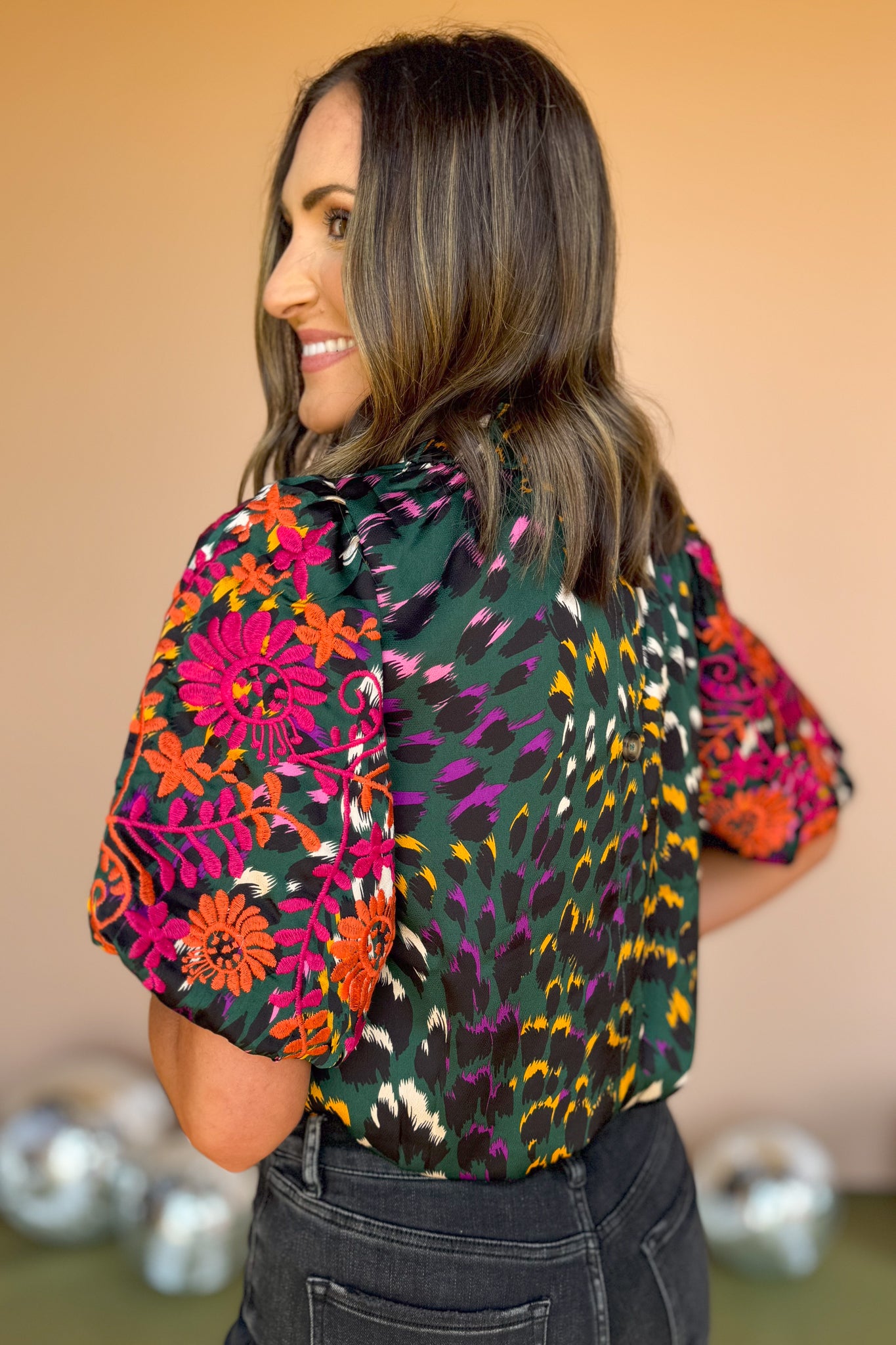 THML Hunter Green Print Mock Frill Neck Embroidered Sleeve Top, thml top, must have top, must have style, fall style, fall fashion, elevated style, elevated top, mom style, shop style your senses by mallory fitzsimmons, ssys by mallory fitzsimmons