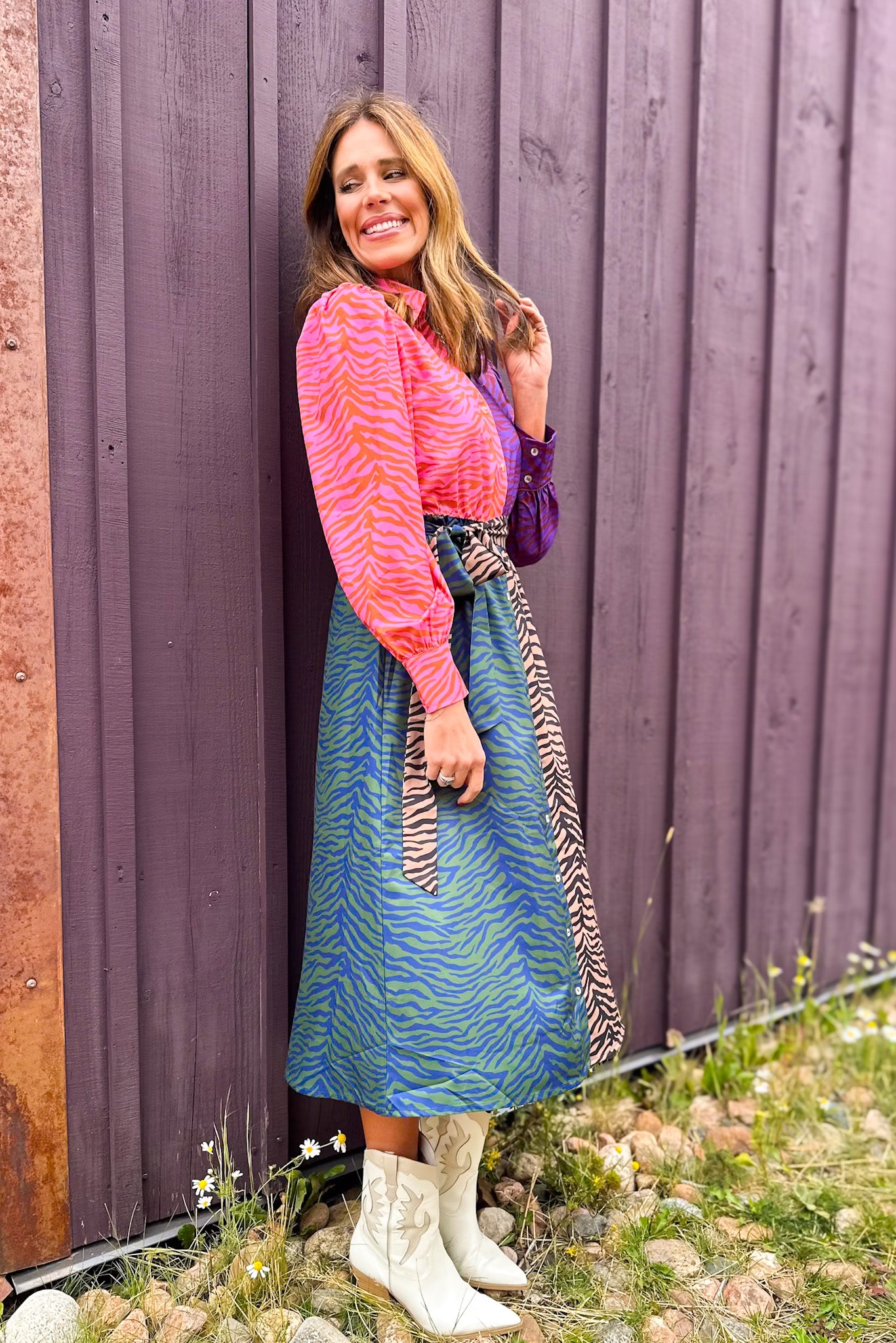 SSYS Whitney Mix Print Dress In Animal Stripes