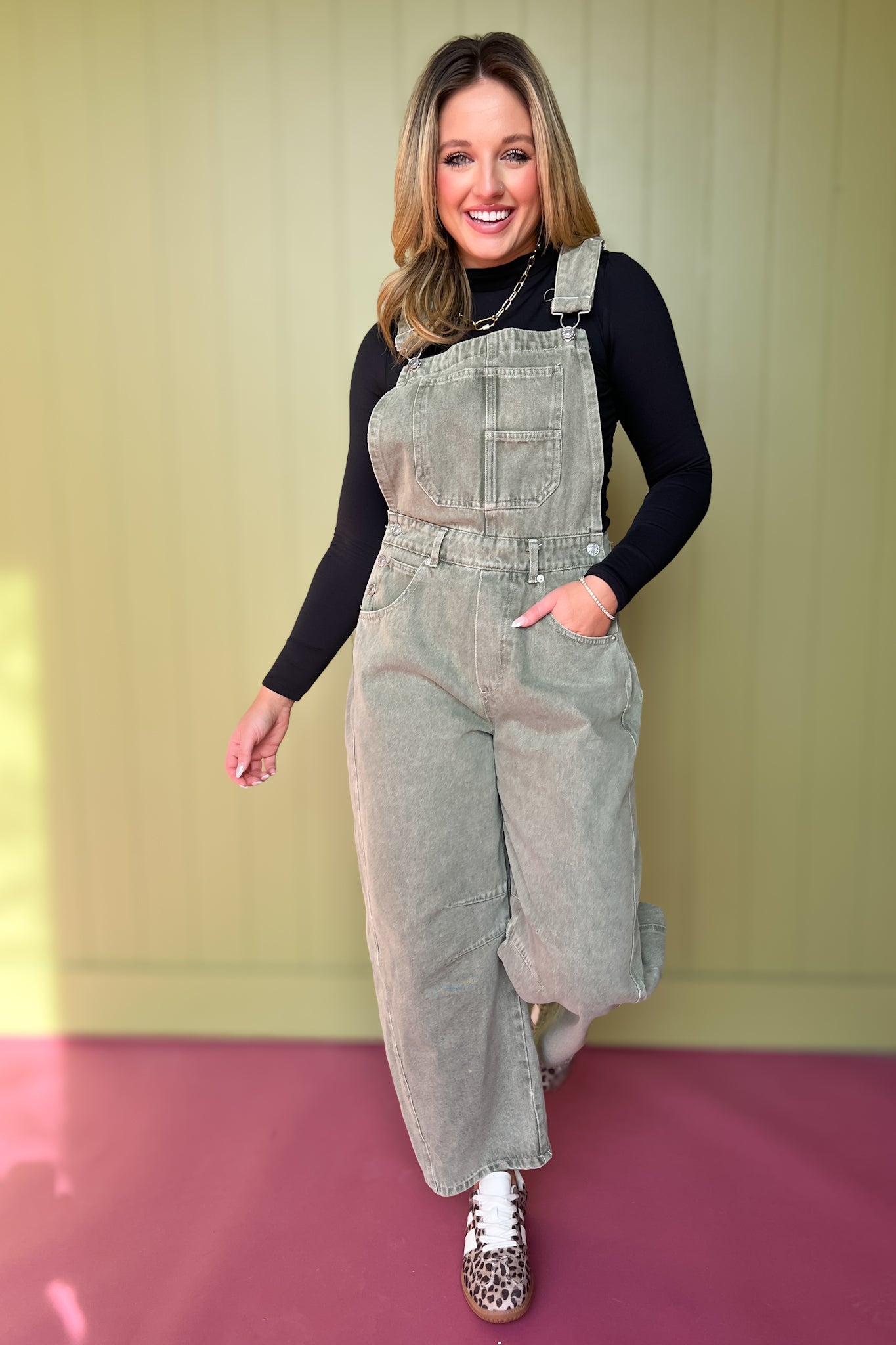 Olive Washed Barrel Overall Jumpsuit