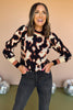 Black Print Knit Peasant Sleeve Ribbed Stripe Detail Sweater