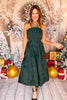 Hunter Green Embroidered Pleated Bodice Smocked Back Midi Dress *FINAL SALE*