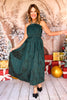 Hunter Green Embroidered Pleated Bodice Smocked Back Midi Dress *FINAL SALE*