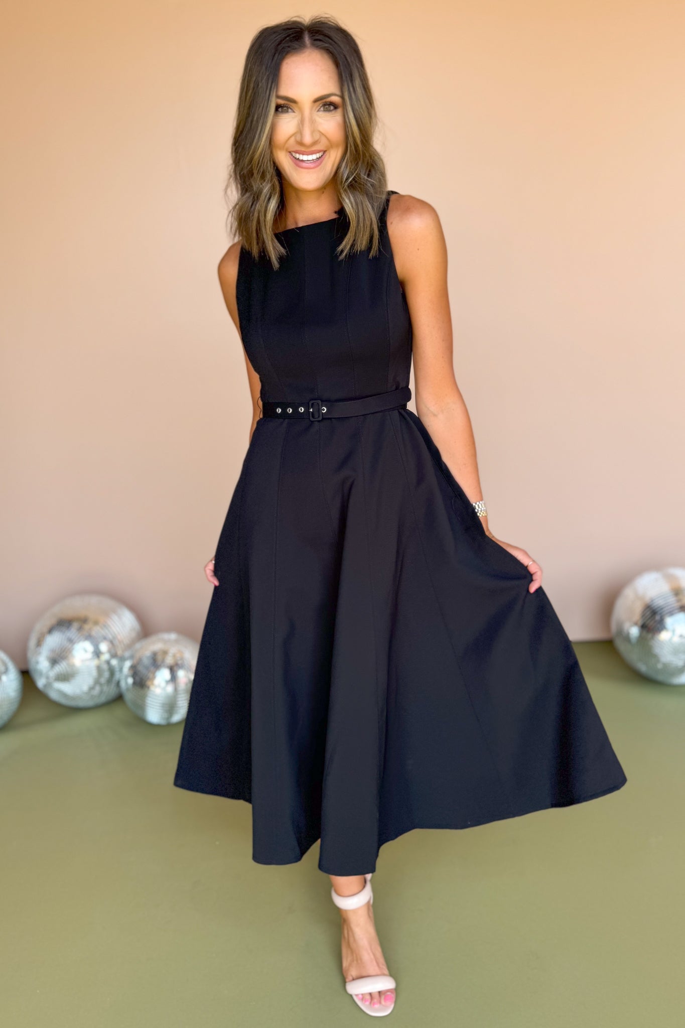 Black Boat Neck Self Belt Full Skirt Midi Dress *FINAL SALE*