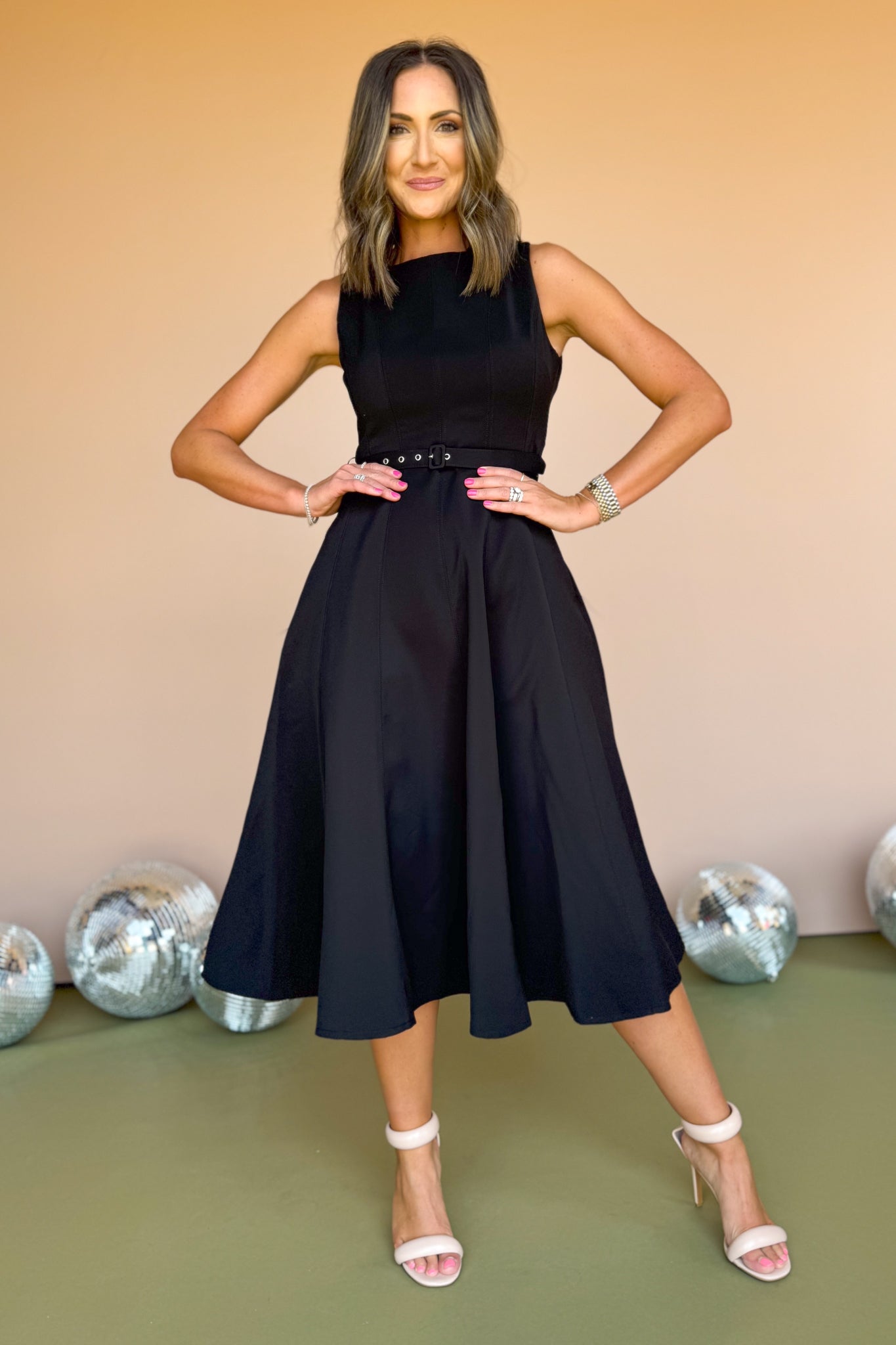 Black Boat Neck Self Belt Full Skirt Midi Dress *FINAL SALE*